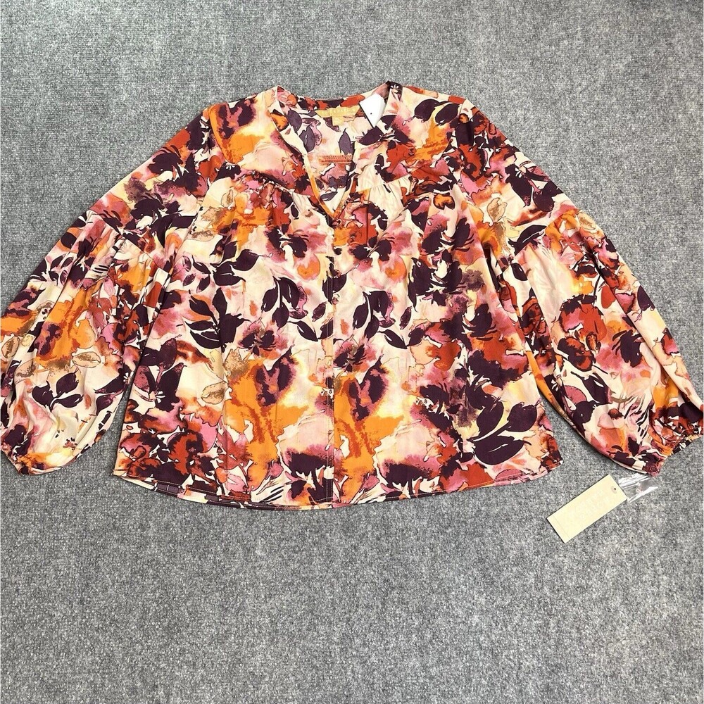 Hope & Harlow Top Womens Petite Large Multi Floral Button V Neck NEW W Tags